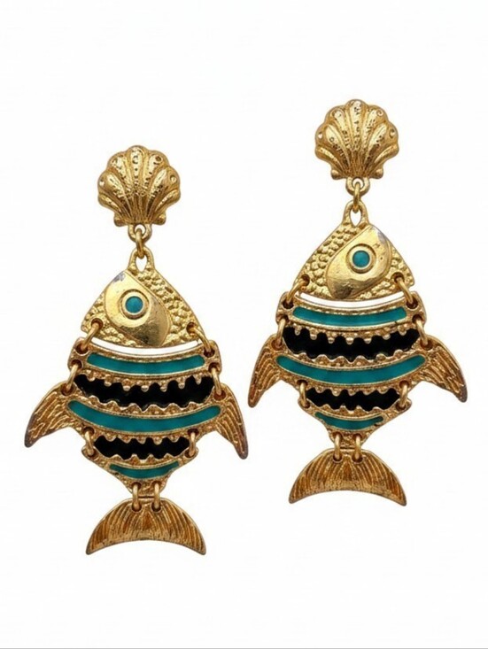 House of Harlow 1960 Jewelry - 🐟▪️House of Harlow▪️ 1960 Gold Tone Hand Painted Turquoise Fish Drop Earrings